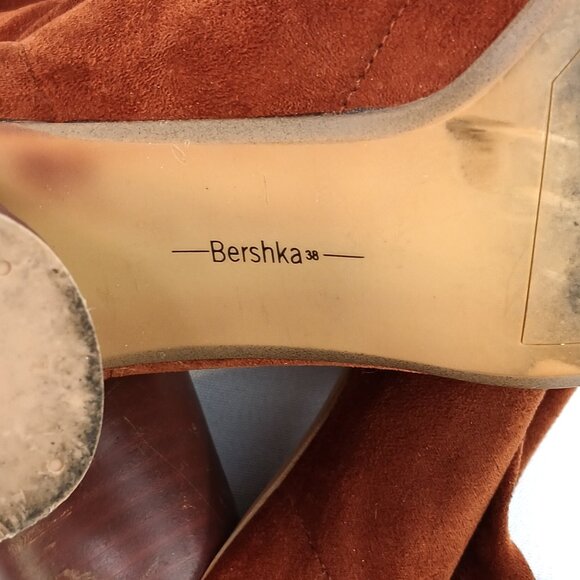 Bershka Burnt Orange Brown Faux Suede Fabric Sock Pull-On Sculpted Heel Booties - Picture 9 of 13